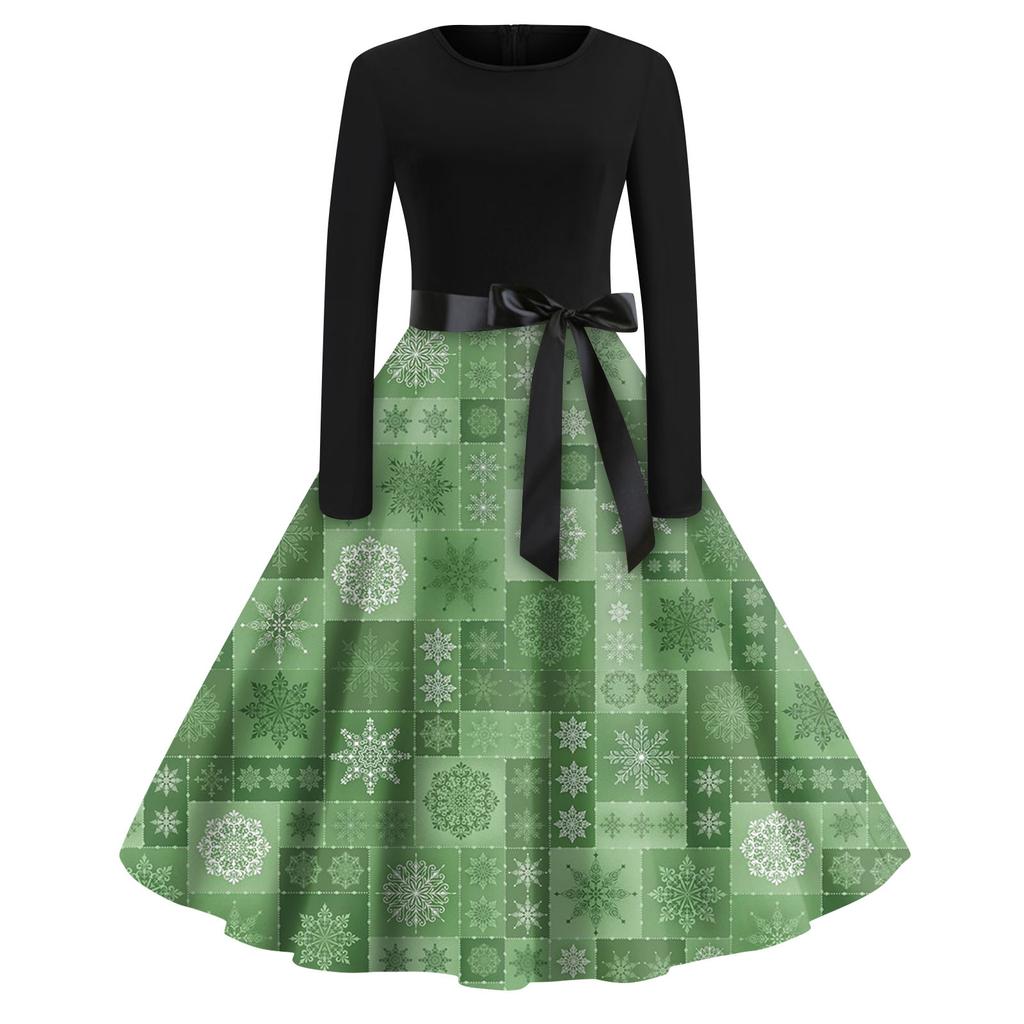Женская мода с круглым вырезом, повседневные тонкие рождественские платья с длинным рукавом и принтом