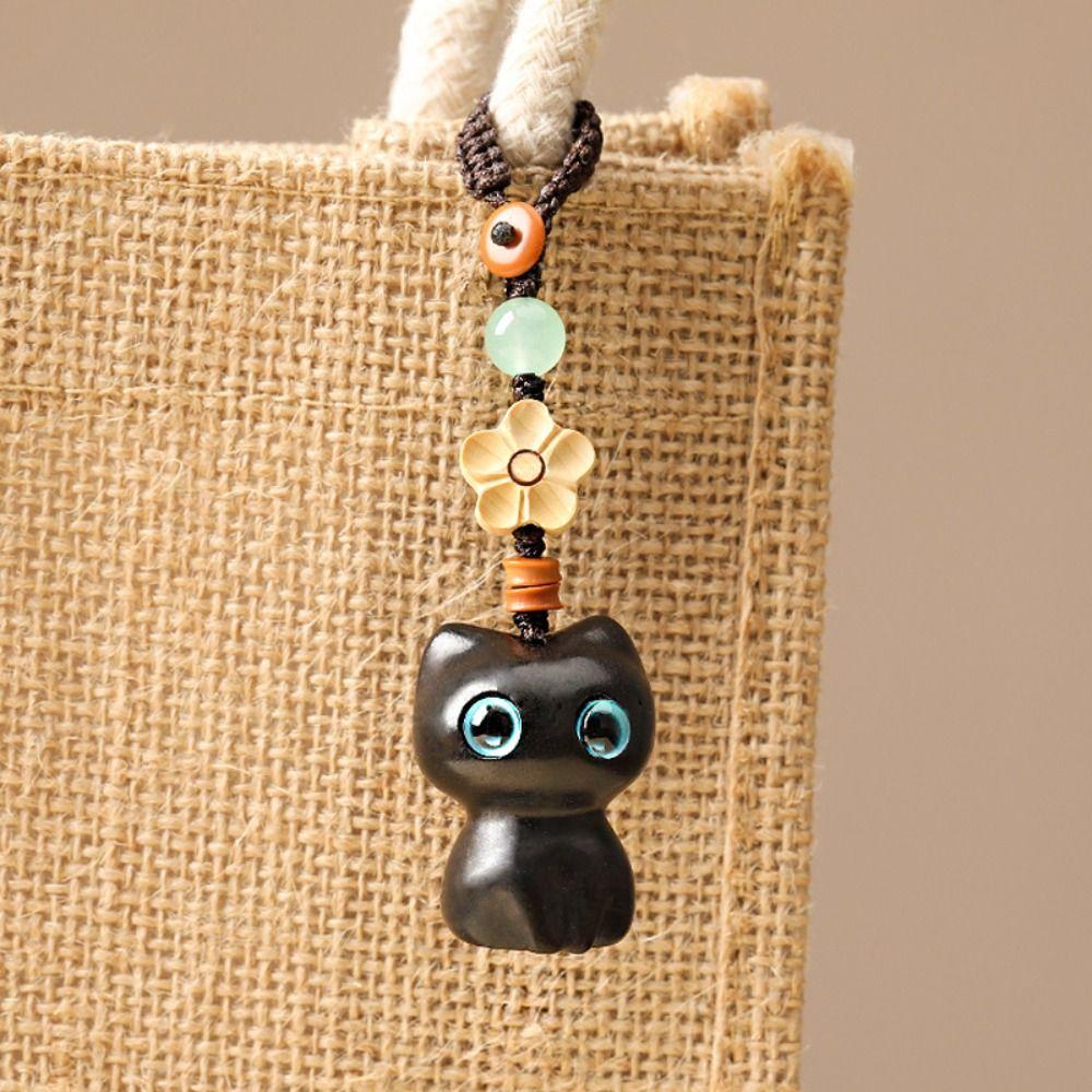 Chinese Style Pendant Mobile Phone Ring Sandalwood Key Chain Lucky Cat Pendant Key Chain Strap