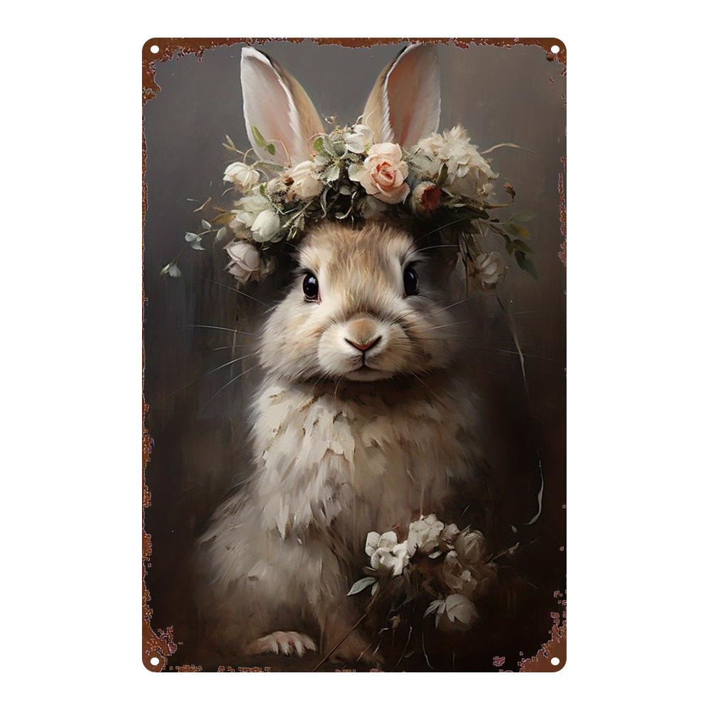 D Flat pc Painting Dreamy Flower Wreath Rabbit Classic Wall Art Durable Metal Decoration for Home Kitchen Bar Garde