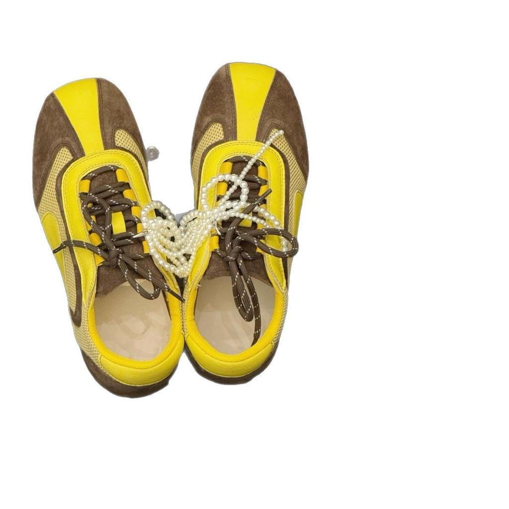 Leather Double Color Ribbon Inner Height Increase German Training Shoes Women's 2025 Spring Soft Sole Beaded Bow Mesh Forrest Gump Casual Shoes