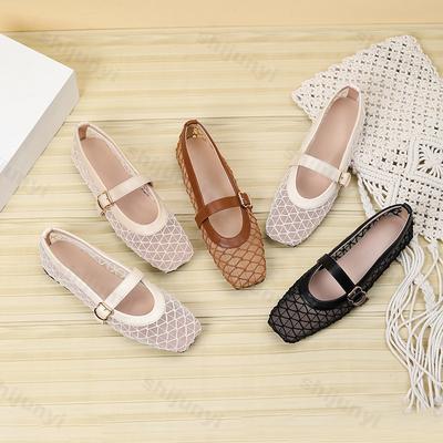 Модные нишевые сетчатые туфли в балетном стиле для женщин Весна 2025 Новый стиль Дышащие полые Ретро сандалии на плоской подошве Элегантные туфли-рыбацкая сеть