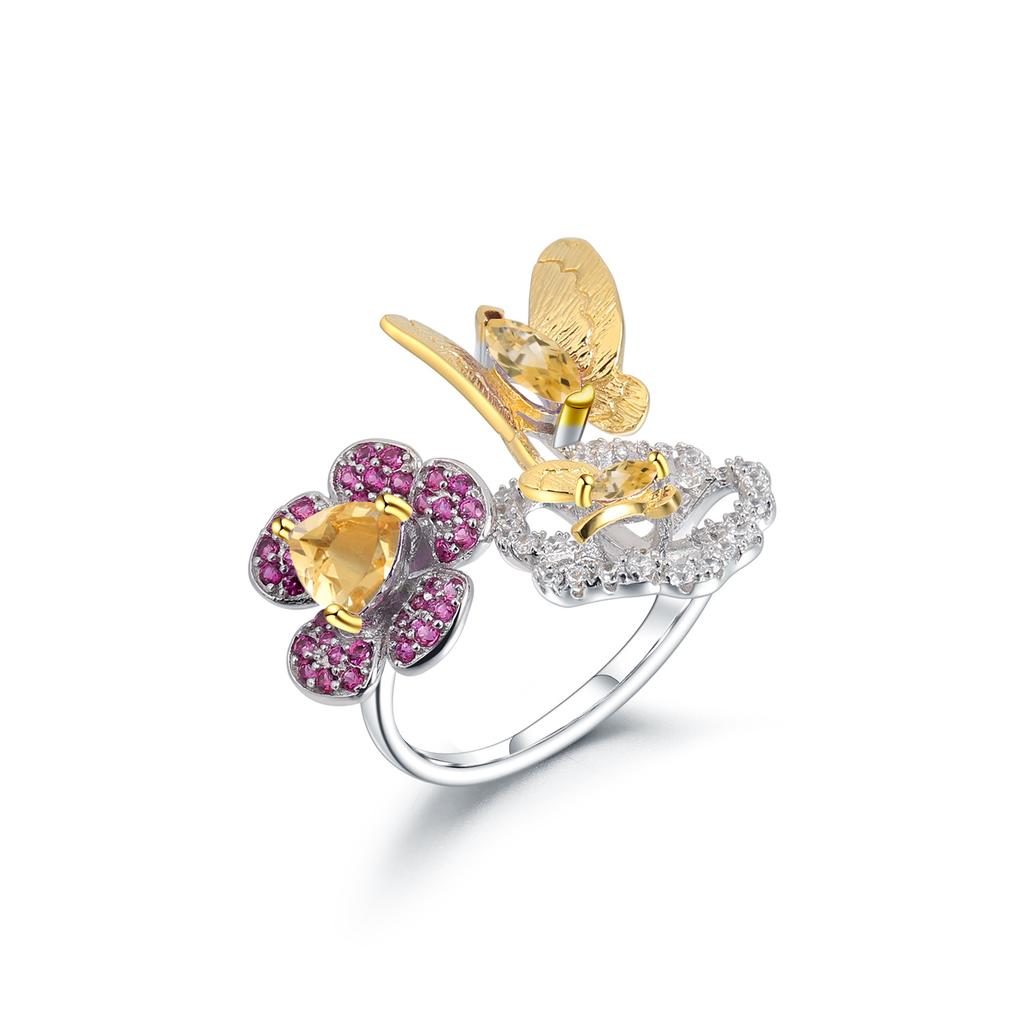 Original Designer Natural Amethyst Ring, Natural Style Butterfly Flower Design, 925 Silver Open Adjustable Ring
