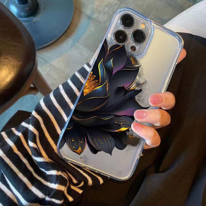 Черный цветок лотосаЧехол для телефона для iPhone 17 Air 16 15 14 13 12 11 Pro Max Plus Mini 8 7 Мягкий прозрачный чехол Fundas Аксессуар