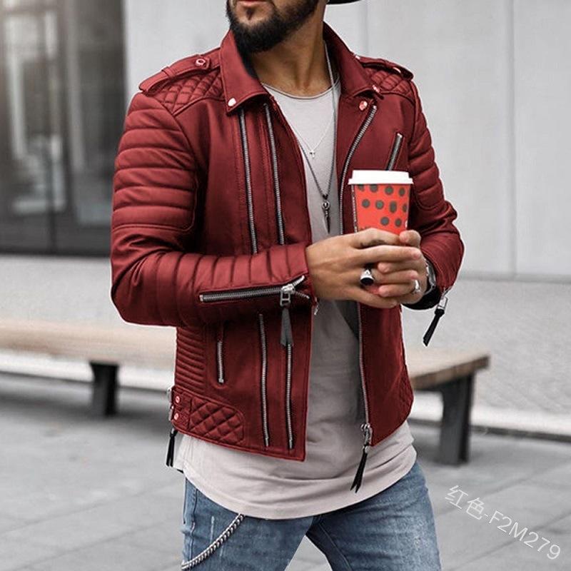 New autumn and winter men's route thickened lapel cotton clothes European and American zipper solid color leather jacket men
