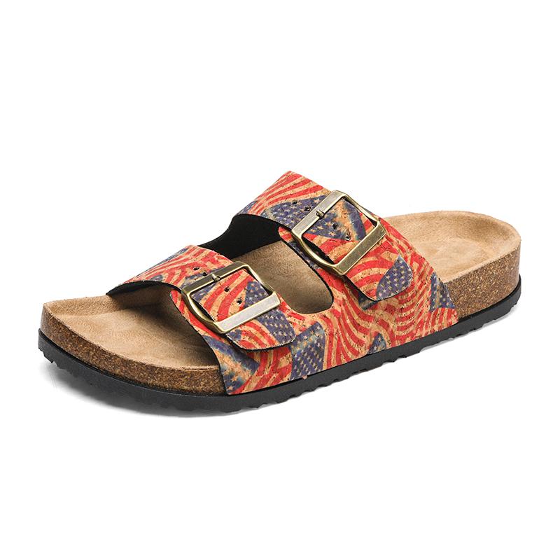 Модные летние балетки с принтом Женские уличные пляжные сандалии Уличные универсальные повседневные тапочки Большого размера Женские сандалии Двойная пряжка Пробка