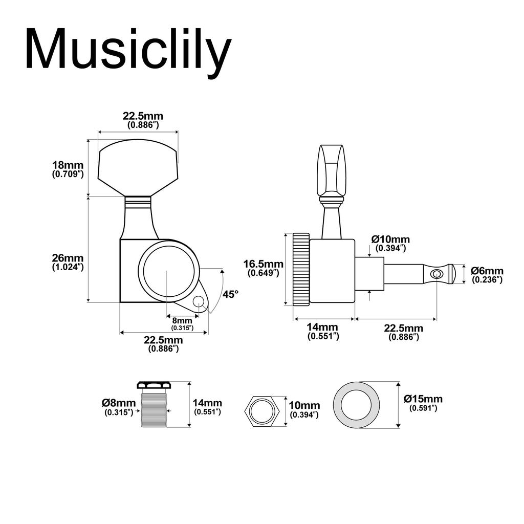 Musiclily Pro L3R3 Locking Tuners for Electric and Acoustic Guitars, with Chrome Large Hex Buttons