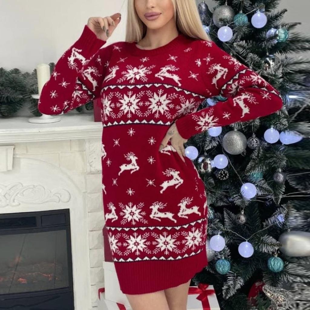(Great home)Women's Autumn And Winter Slim Elk Christmas Tree Long-sleeved Dress