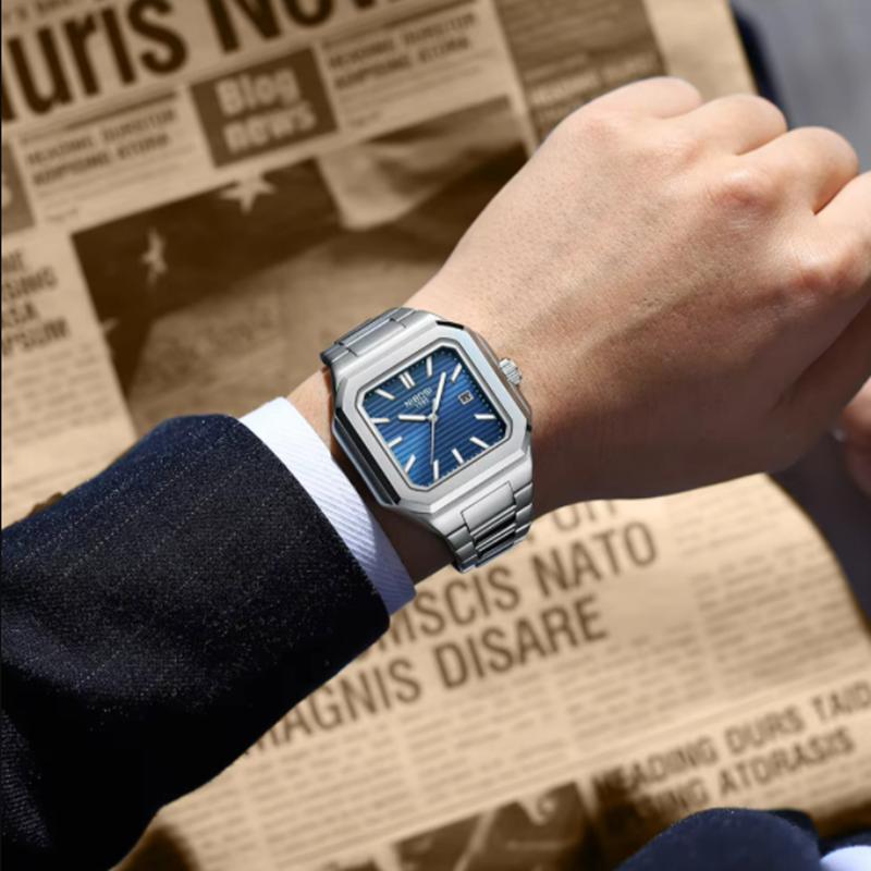 Светящиеся квадратные мужские часы Водонепроницаемые деловые мужские часы Нержавеющая сталь Кварцевые Роскошные мужские часы
