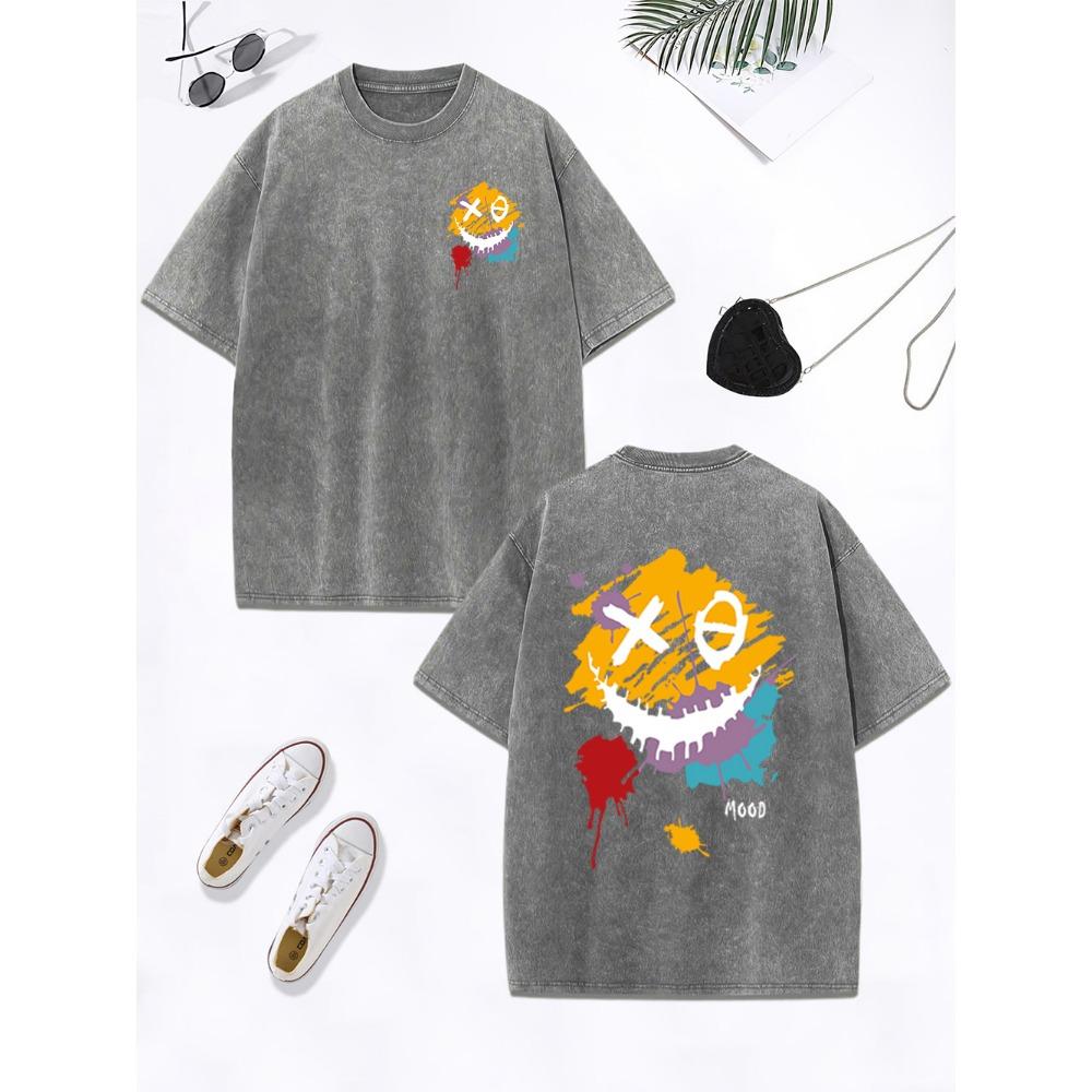 Happy Mood Paint Graffiti Prints Washed T-Shirt Women Cotton Oversized Tops Comfortable O-Neck Distressed Clothes