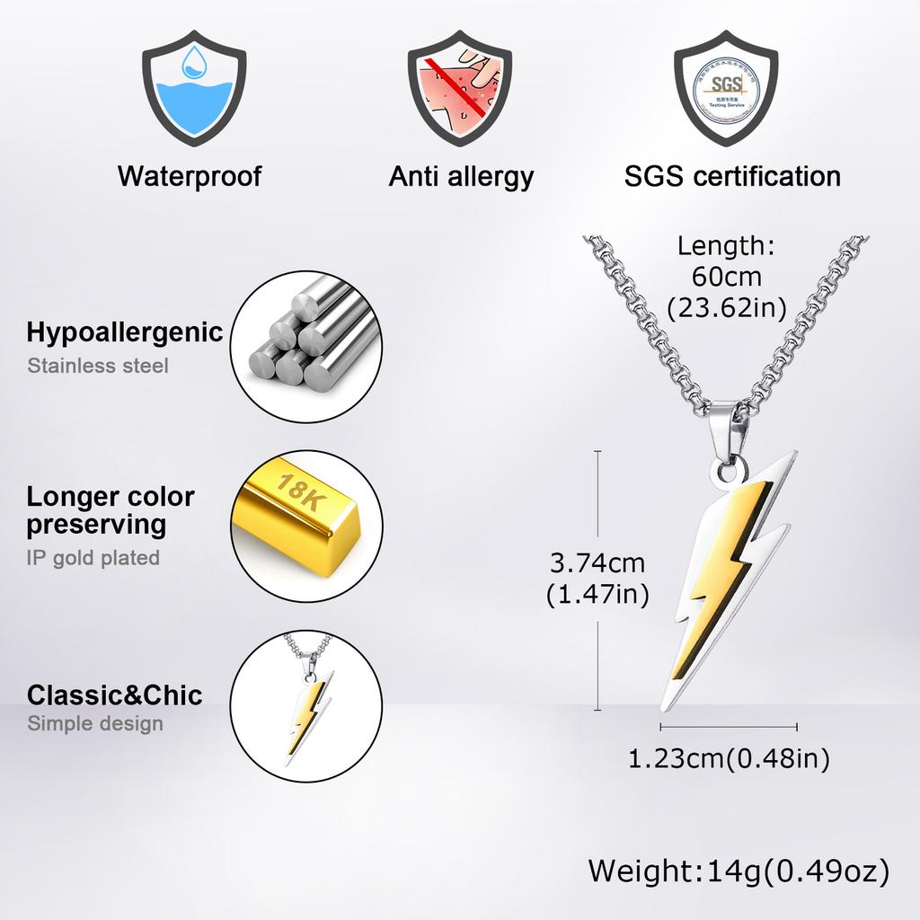 Trendy Lightning Stainless Steel Necklaces for Men,Two Color Lightning Pendant Necklace,Party Hip Hop Jewelry Gifts