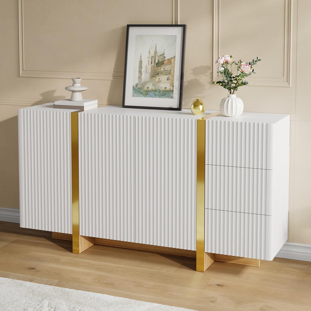 Sideboard, Vertically Fluted Front, 3 Swing Doors, 3 Drawers, Golden Decorative Strips, Wood-Look Base, Soft-Close Hinges, Storage Cabinet