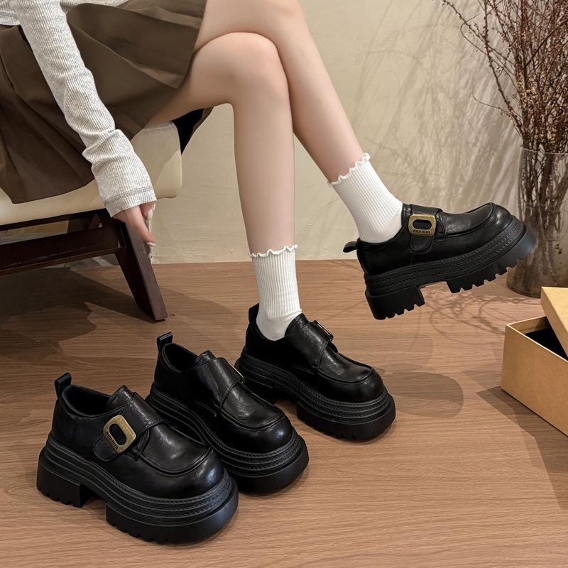 2025 British Style Super High Heel Thick Sole Heightening Metal Buckle Small Leather Shoes Thick Sole Muffin Single Shoes Spring New Women
