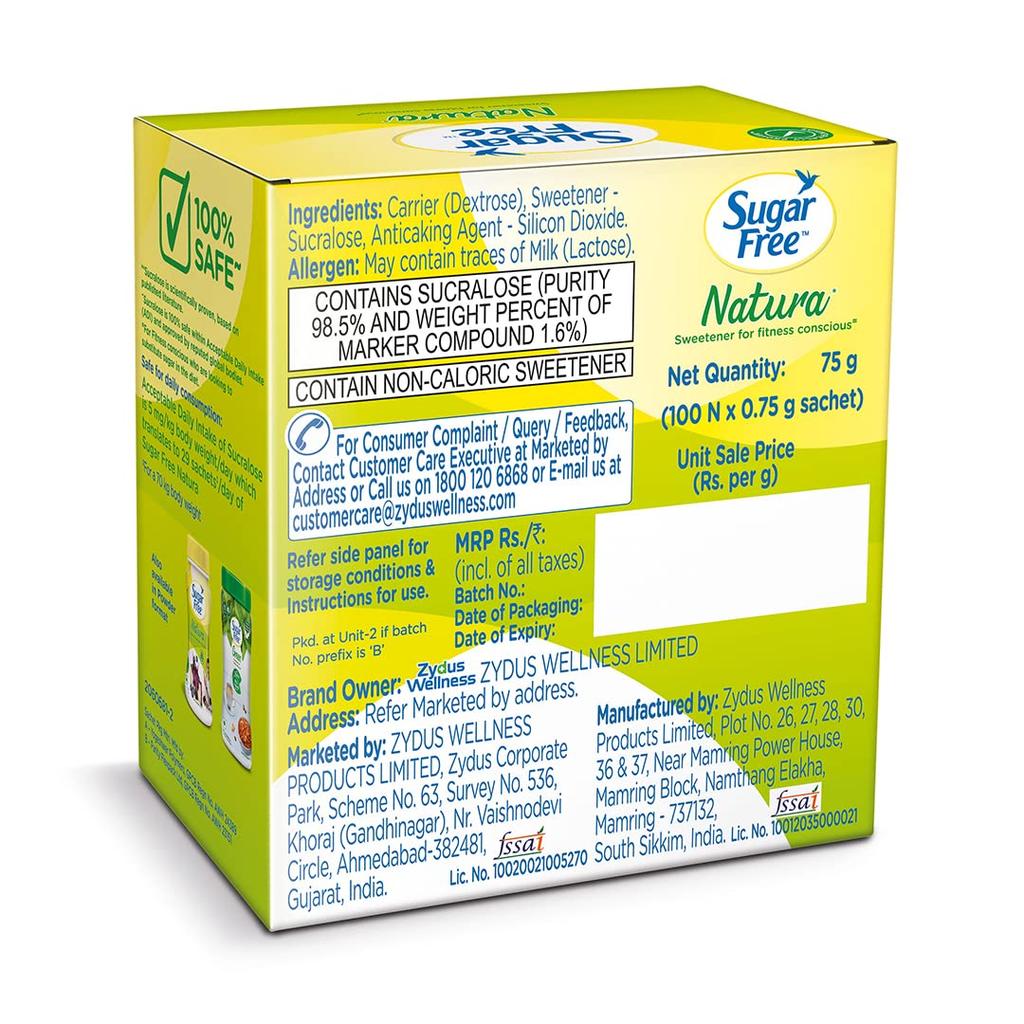 Sugar Free Natura Zero Calorie Sweetener 100 Sachets Pack of 2 | Equivalent To 1Kg Sugar | Heat-Stable, Safe & Sweet 75g