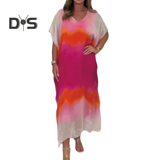 Женское шифоновое макси-платье с градиентным принтом и V-образным вырезом, с коротким рукавом, длинное платье, повседневный свободный пляжный сарафан для летнего отдыха