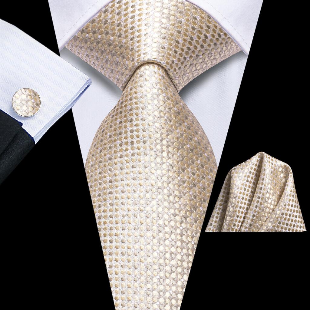 Hi-Tie Dark Gold Plaid Jacquard Mens Silk Tie Classic Necktie Cufflink Hanky Set