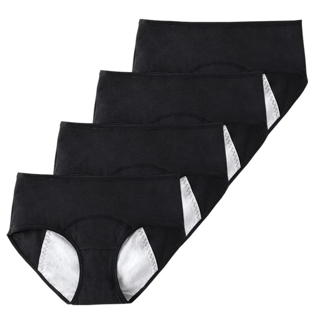 4 Pack Women's Cotton Leakproof Period Panties Middle Waist Comfortable Underwear Black