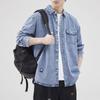 Мужская ретро-рубашка из стираного денима, рабочая одежда - Однотонная, с длинным рукавом, повседневная, свободного кроя, Весна/Осень