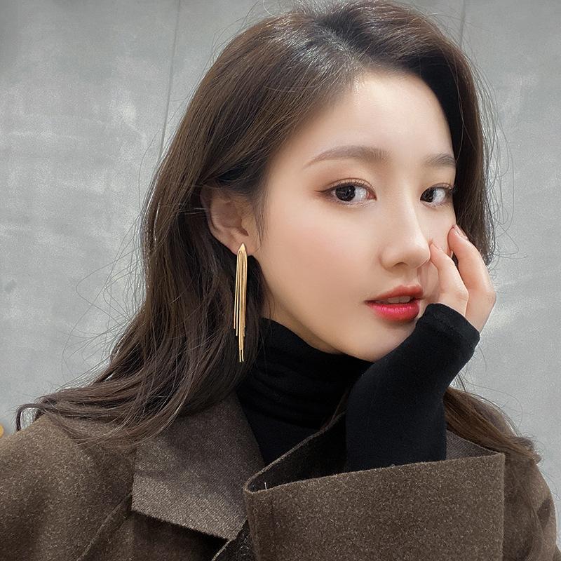Vintage Gold Color Bar Long Thread Tassel Drop Earrings for Women Glossy Arc Geometric Korean Earring Fashion Jewelry New