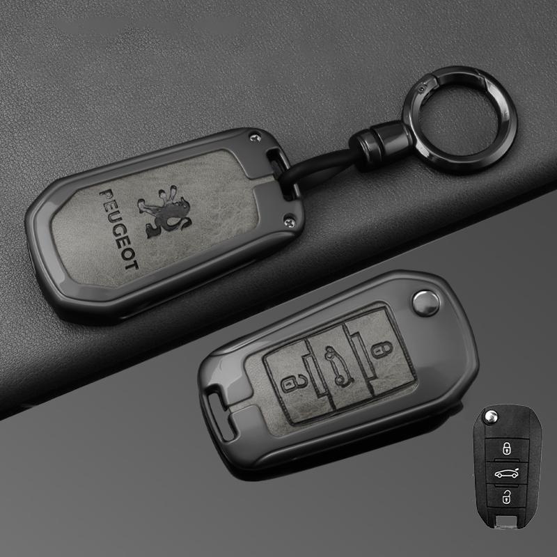 Alloy Leather Car Smart Remote Key Case Shell Cover Protector for Peugeot 208 2008 301 308 508 5008 RCZ Keychain Accessories