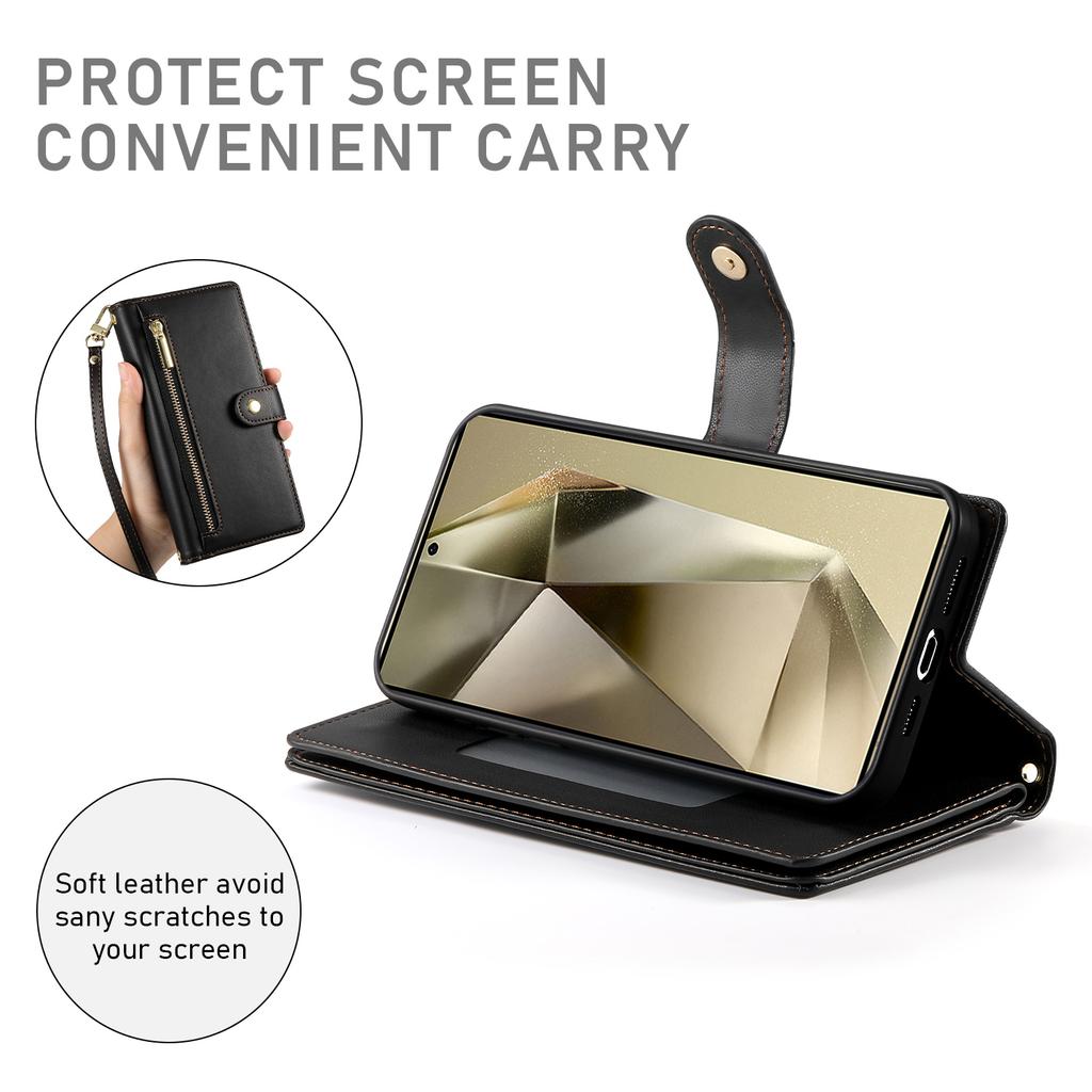 DF-011 For Samsung Galaxy S24 Ultra Case with Shoulder Strap Zipper Leather Phone Cover