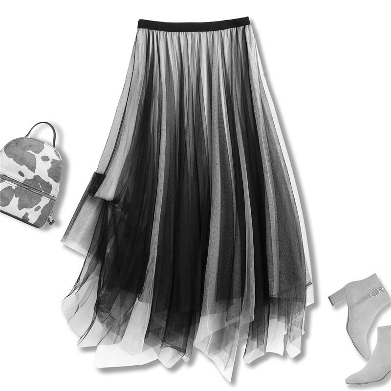 Autumn New Trendy Fashion Contrast Gradient Irregular Thin Mesh Pleated Midi Skirts