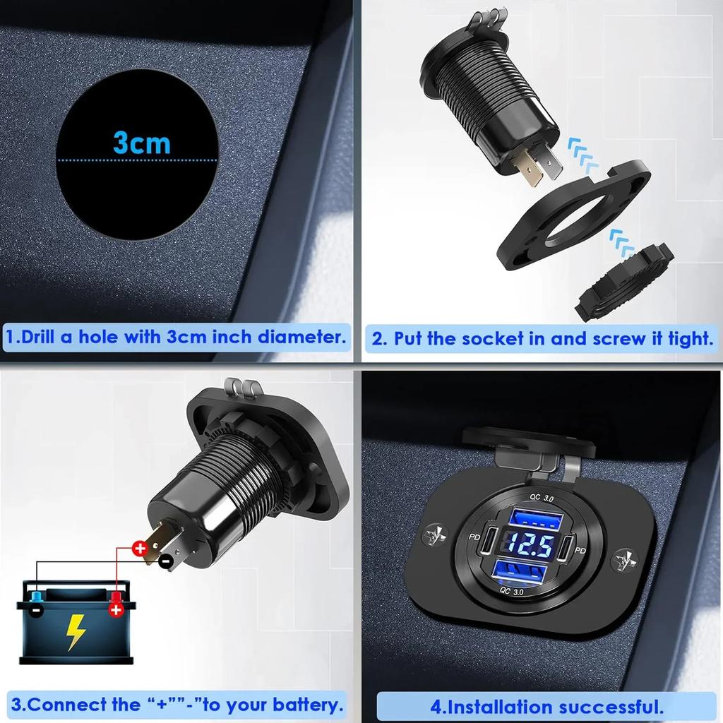 PD+QC3.0 Fast Charging USB Car Charger Socket with Voltmeter, Aluminum Alloy Waterproof Power Outlet