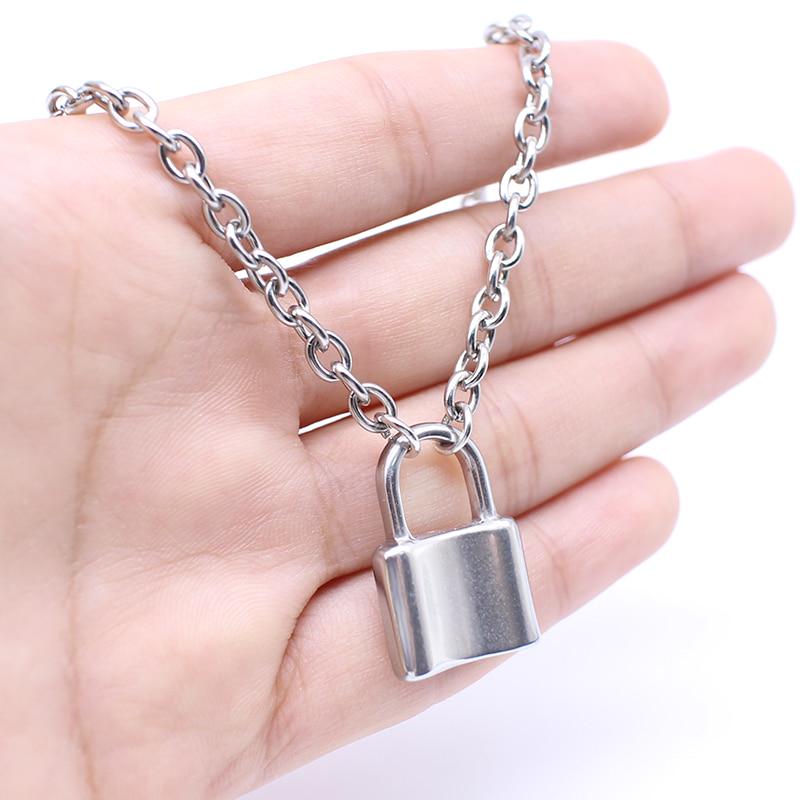 Silver Color PadLock Pendant Necklaces Link Chain Lock Necklaces Collar for Women Men