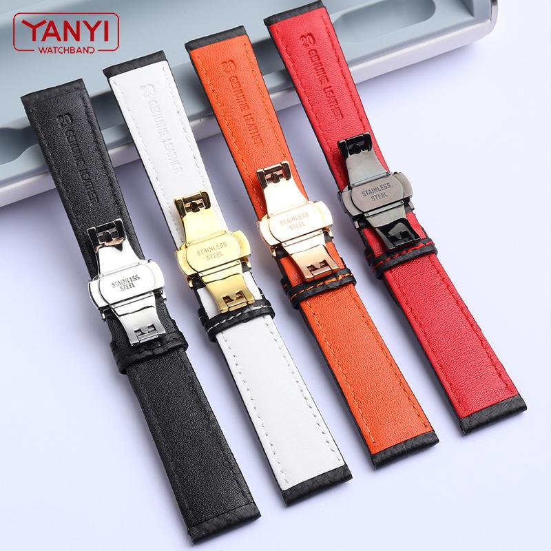 Genuine Leather Bracelet Carbon Fiber Grain Watchband Red Stitching 18mm 20mm 22mm Watch Band Strap Accessories Butterfly Buckle