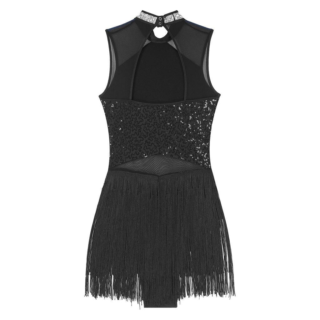 Женское блестящее трико со стразами и бахромой, сетчатое лоскутное платье с блестками для танцев, костюм для латинского танго, румбы, ча-ча