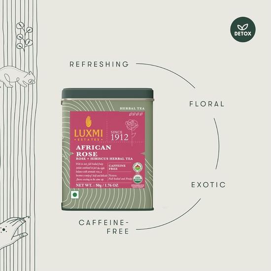 LUXMI Estates African Rose Herbal Tea 50Gm Tin | Certified Organic Tea|Hibiscus,Roses|Decaffeinated|Flavourful|100% Natural, Powder