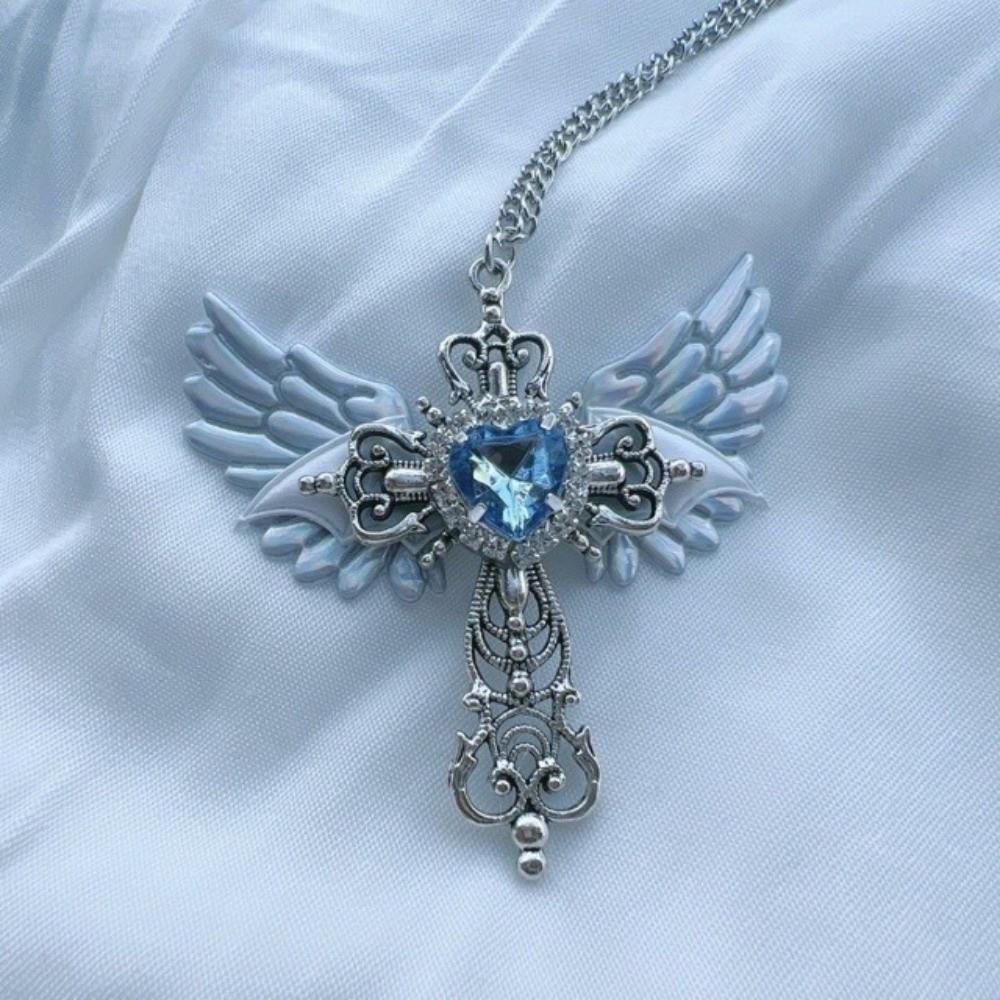 Faux Zirconia Pendant Necklace Gothic Wings Cross Pendant Valentine's Day Gift