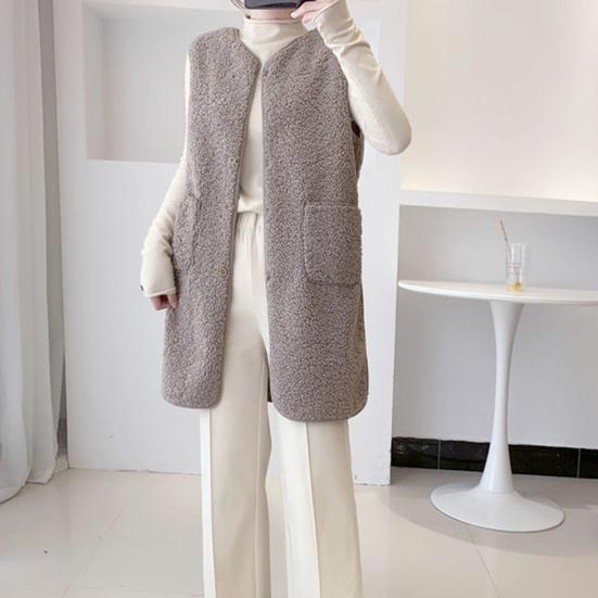 Fall Winter Women Vest Coat Round Neck Loose Mid Length Sleeveless Single-breasted Pockets Cardigan Warm Thick Outwear Waistcoat