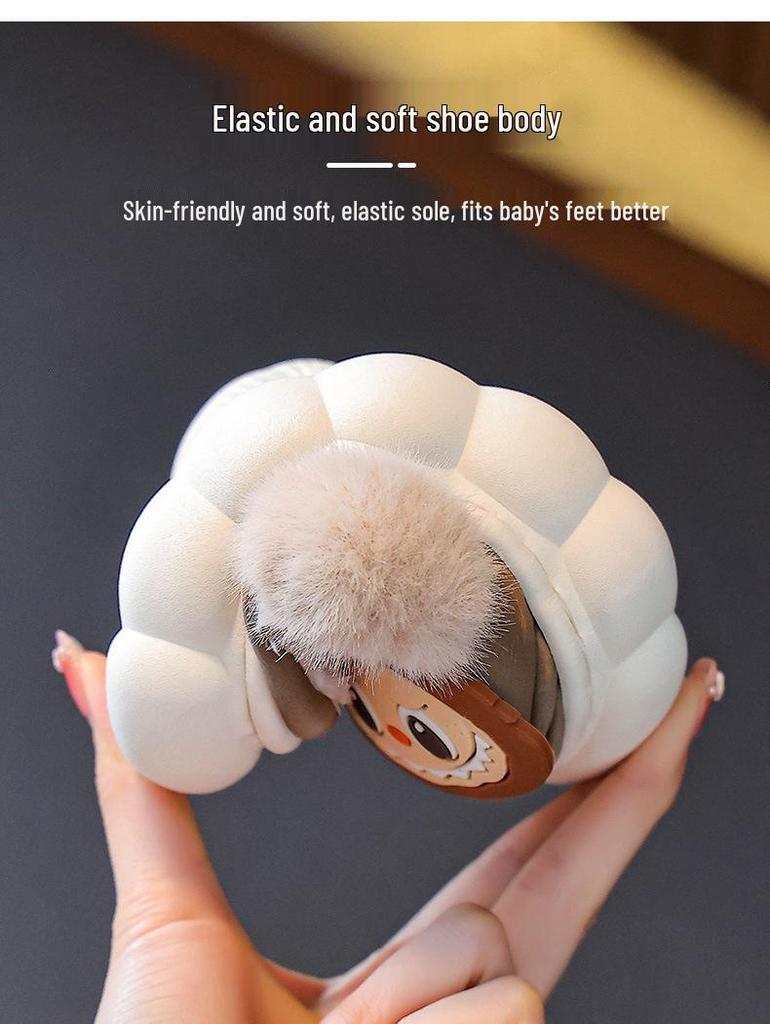 Waterproof PU Leather Cartoon Plush Slippers for Kids - Non-Slip, Cozy for Autumn & Winter