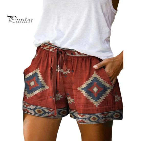 Drawstring Loose Shorts High Waist Elastic Waistband Wide Leg Pockets Women Beach Retro Print Streetwear