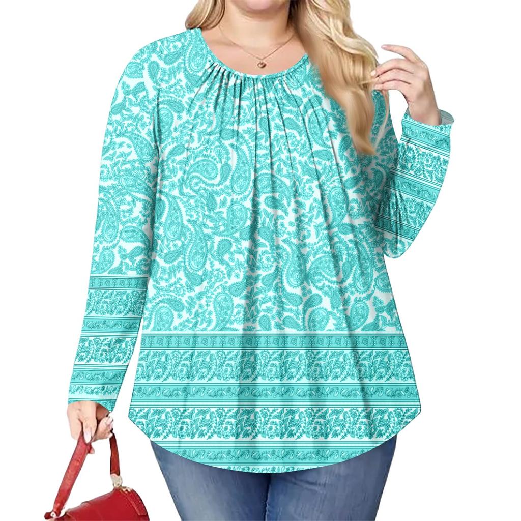 Women's Plus Size Fashion Printed Casual Pleated Round Neck Long Sleeve Top