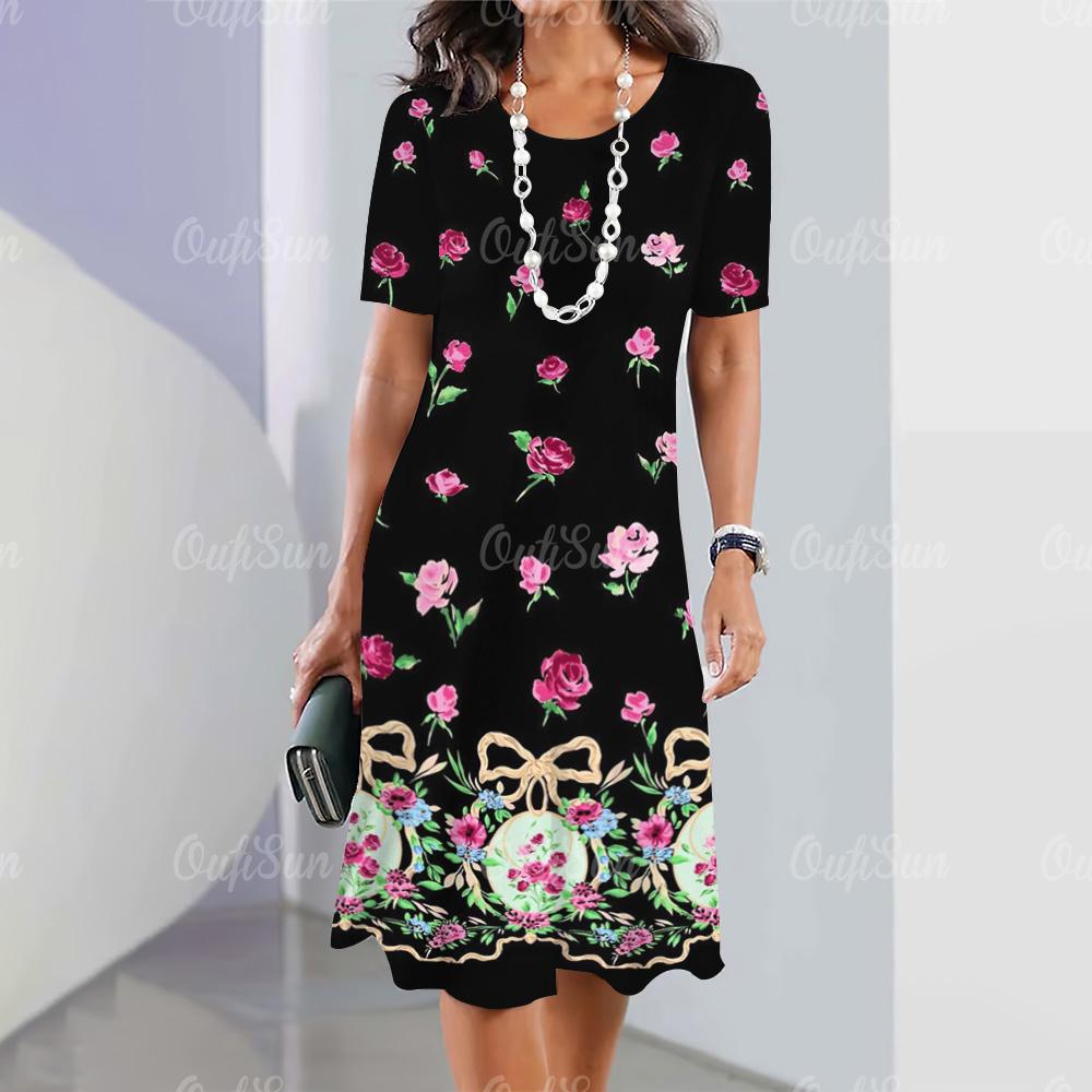 Новые женские платья, элементы 3D-цветочной печати, элегантные повседневные платья с коротким рукавом, модные женские платья больших размеров 2024 года