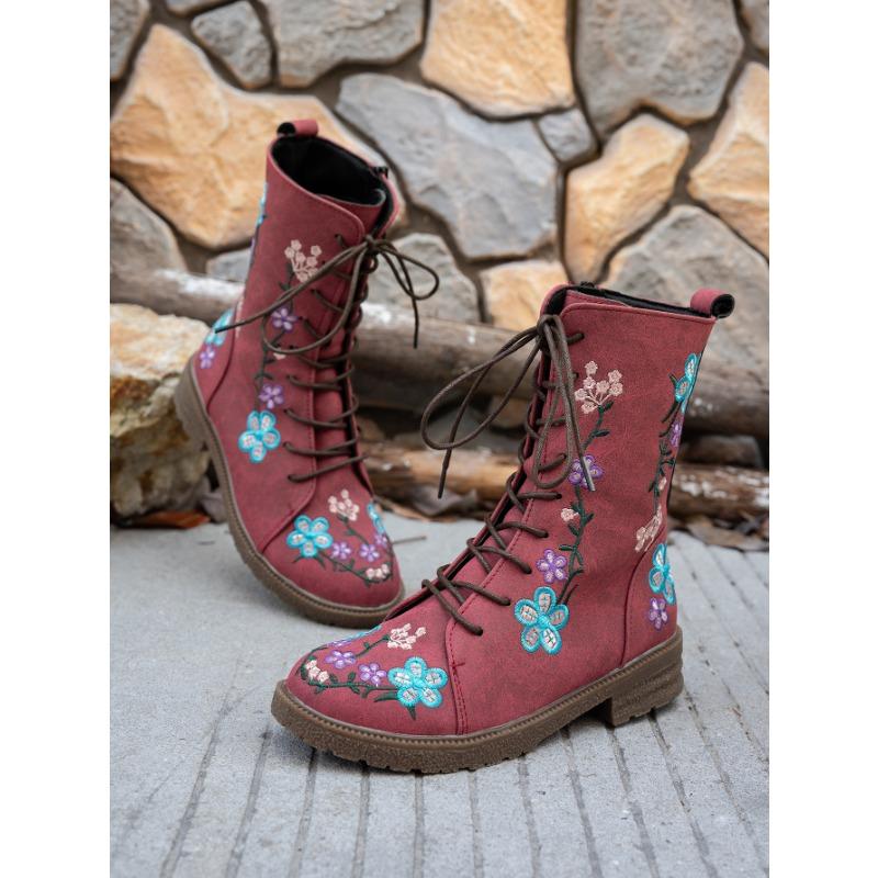 Autumn and Winter New Flat-bottom Embroidered Martin Boots Women's Round Head Square Heel Side Zipper Lace-up Medium Boots Women