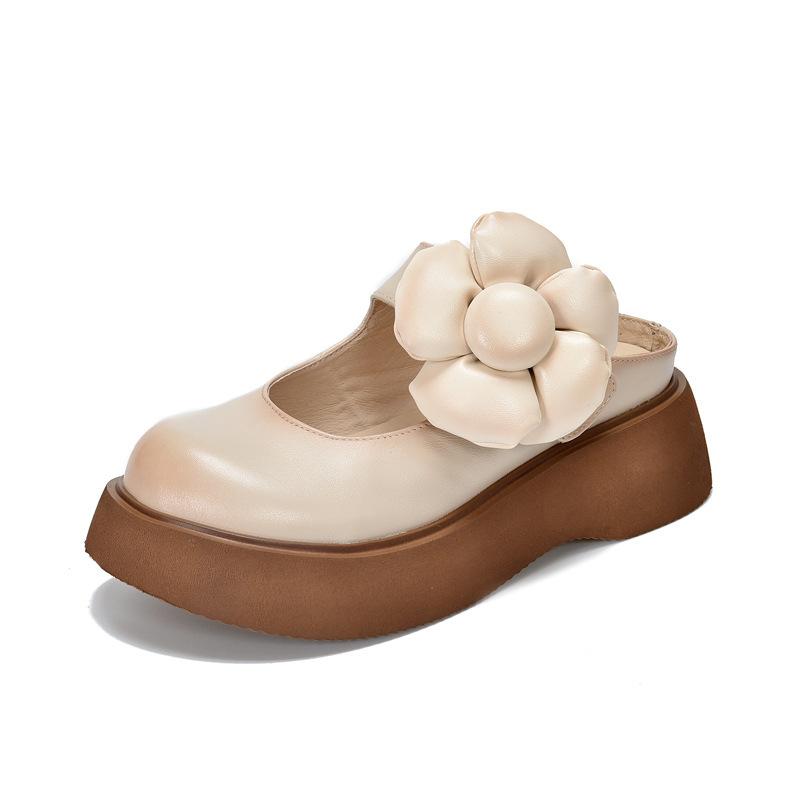 Johnature Detachable Large Flower Round Toe Women's Slippers Genuine Leather Lightweight Thick Soled Sandals