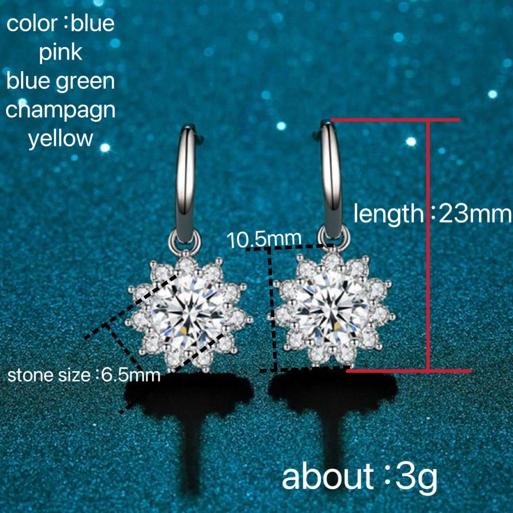 BagueRingen Women's Sterling Silver 925 Jewelry 1 Carat Moissanite Diamond Drop Earrings Sunflower Shaped Ear-drops Gift