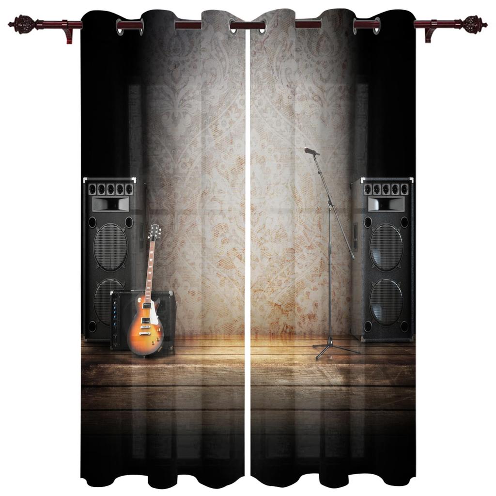 Музыкальная сцена, динамик, гитара, окна, шторы для гостиной, спальни, оконные шторы, бытовые кухонные шторы