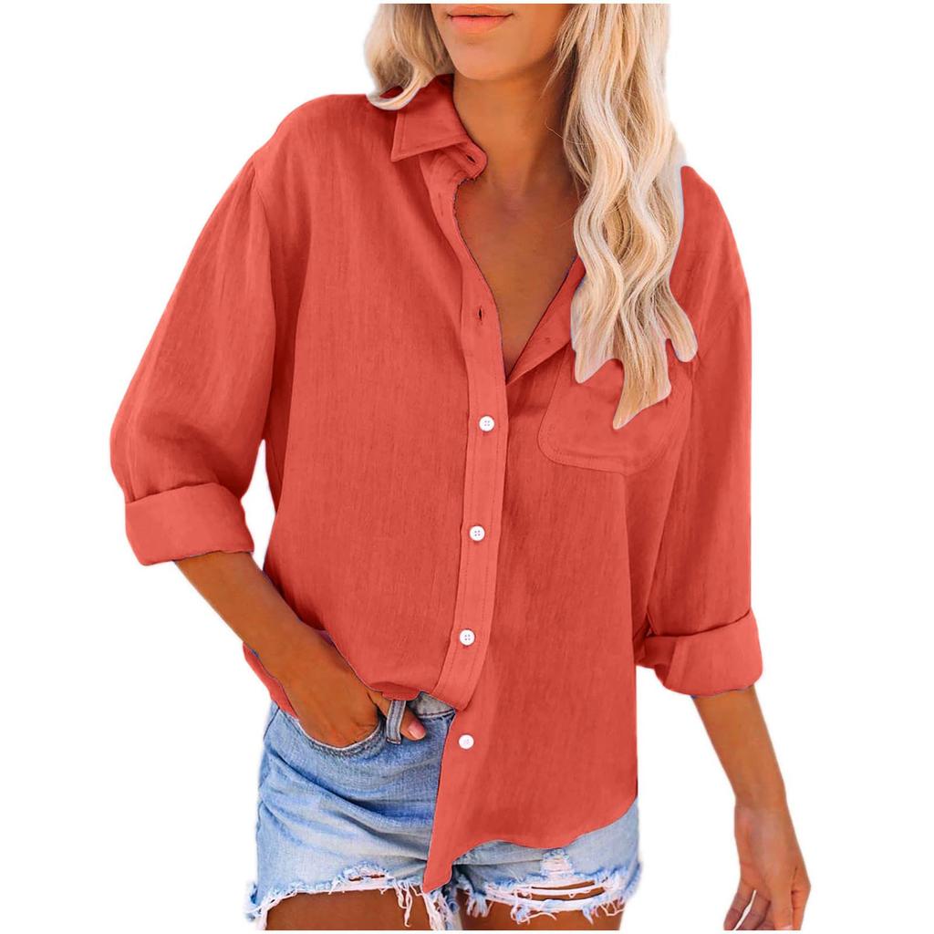 Women's Fashion Lapel Single Breasted Pocket Long Sleeve Solid Colour Casual Shirt Top