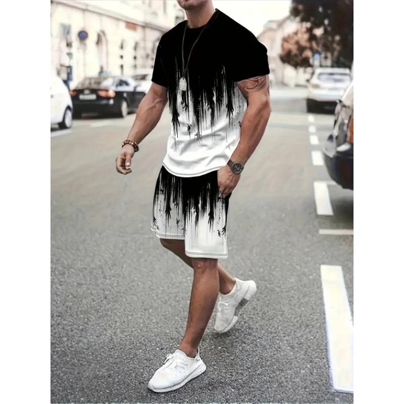2025 Urban Street Trend Men's Suit Summer Casual Short Sleeve Shorts 2 Pieces Unique Geometric Print Outdoor Casual