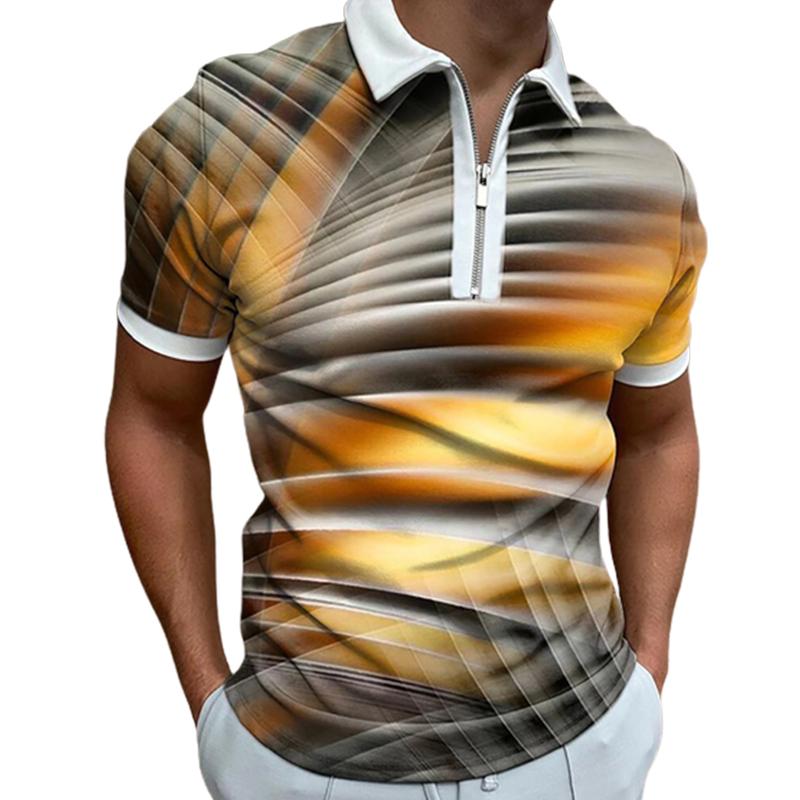 Casual Lapel T-shirt Young Men's Fashion Zipper T-shirt Short Sleeve T-shirt Men's 3D Sea Wave Print T Shirt