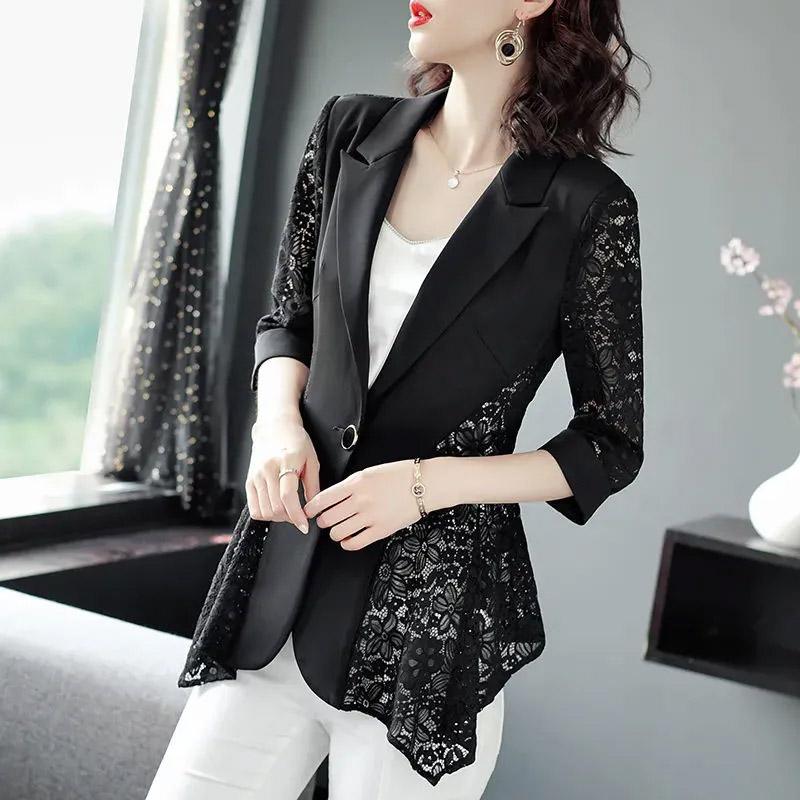 Blazer Suit for Women Slim Fit Long Sleeve Button Cardigan Solid Color Lace Suit Jacket