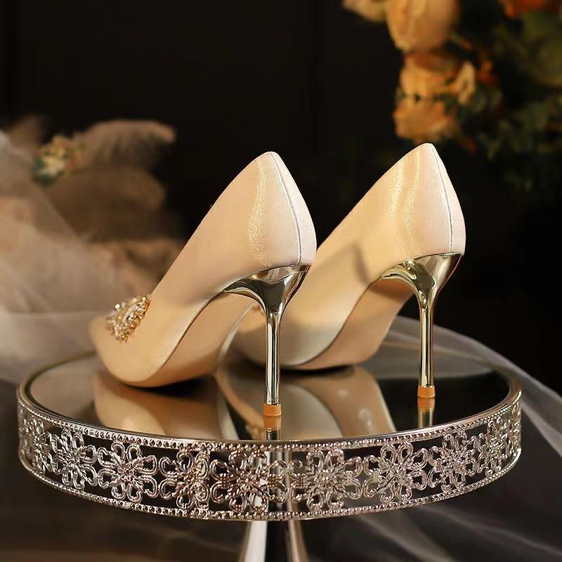 Шампань нюдовые туфли на высоком каблуке женские весна и осень новая тонкий каблук острый носок французский темперамент стразы одинарные туфли туфли для подружки невесты свадебные туфли