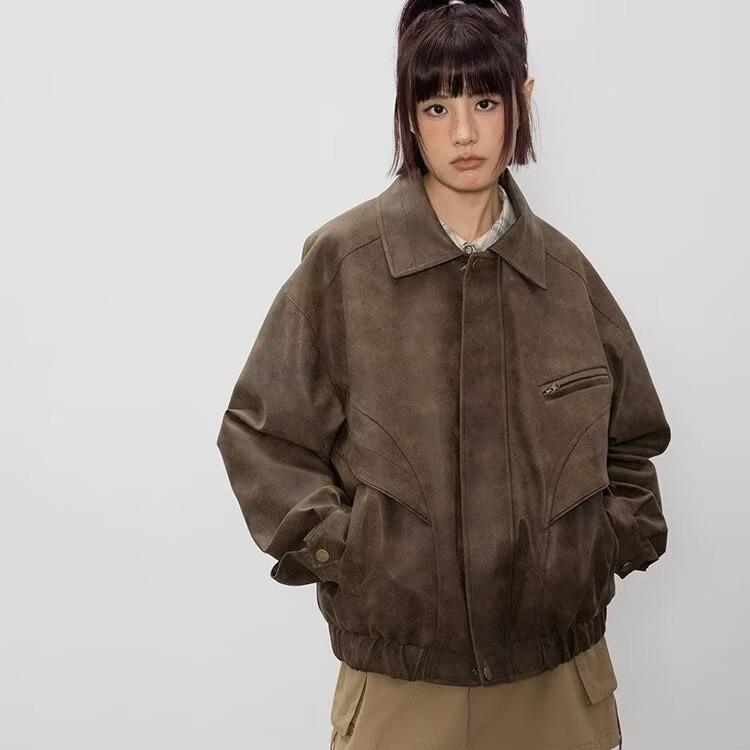 "Men’s Trendy Brown Distressed Leather Jacket - American Retro Design, Casual Lapel."