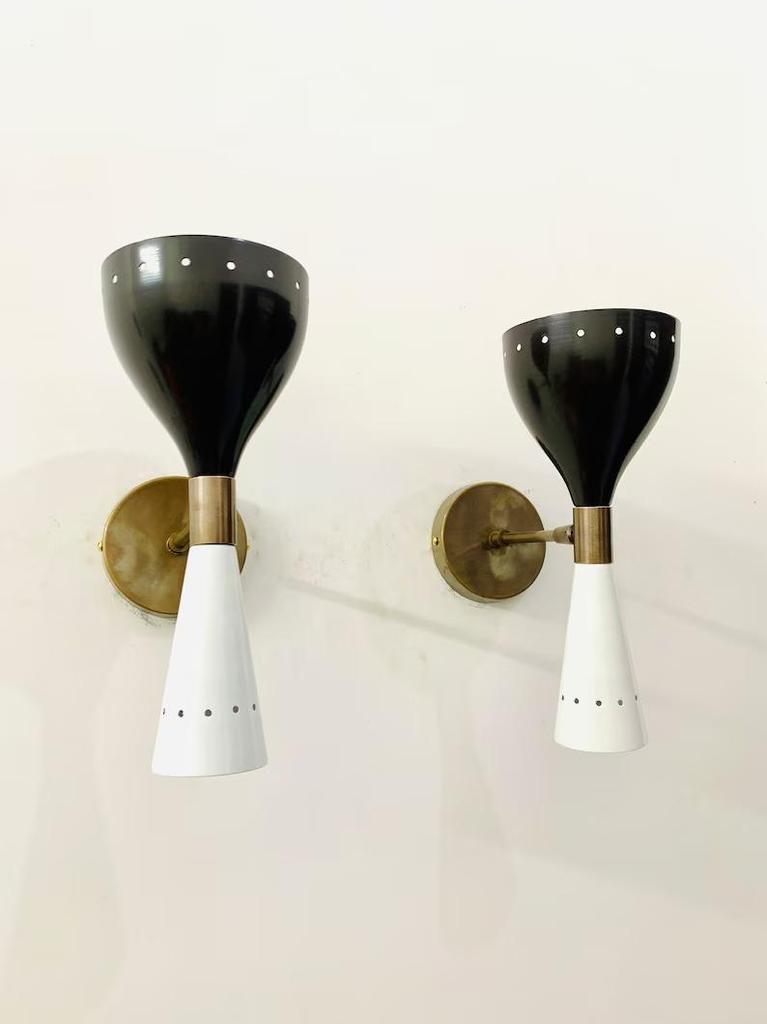 Mid Century Brass Diabolo Wall Sconce Pair: Italian Bedside Lamp