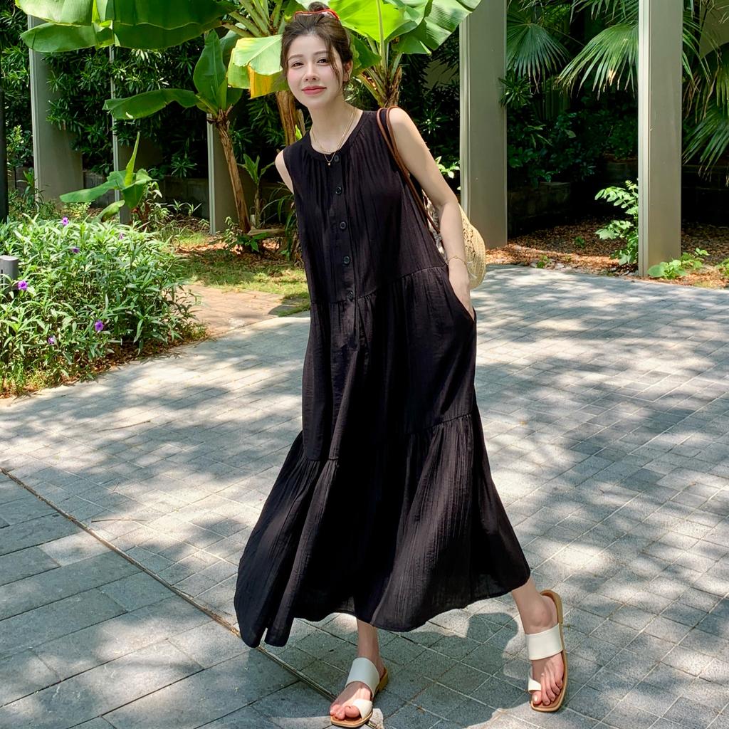 Dimanaf 2025 Plus Size Dress Summer Women Black Sleeveless Vintage Loose Maxi Basic Style Holiday New Dress