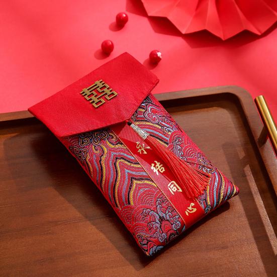 Chinese New Year Red Cash Envelope Faux Silk Red Pocket Embroidery Dragon Pattern Tassel Money Holder Cash Coin Gift Lucky Money Envelope Happy