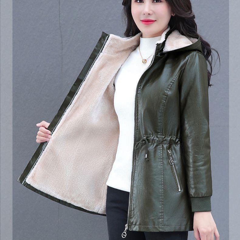 Autumn Winter Women's Fleece Leather Jacket Slim Plus Velvet Hooded Leather Biker Jacket Thick Flocked Leather Coat